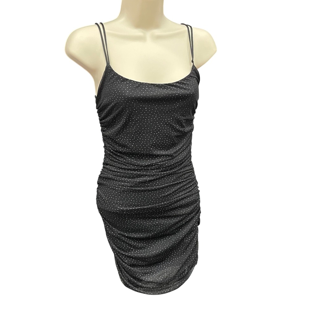 Lucy in the Sky‎ Black Glitter Polka Dot Ruched Bodycon Mini Dress Cowl Neck